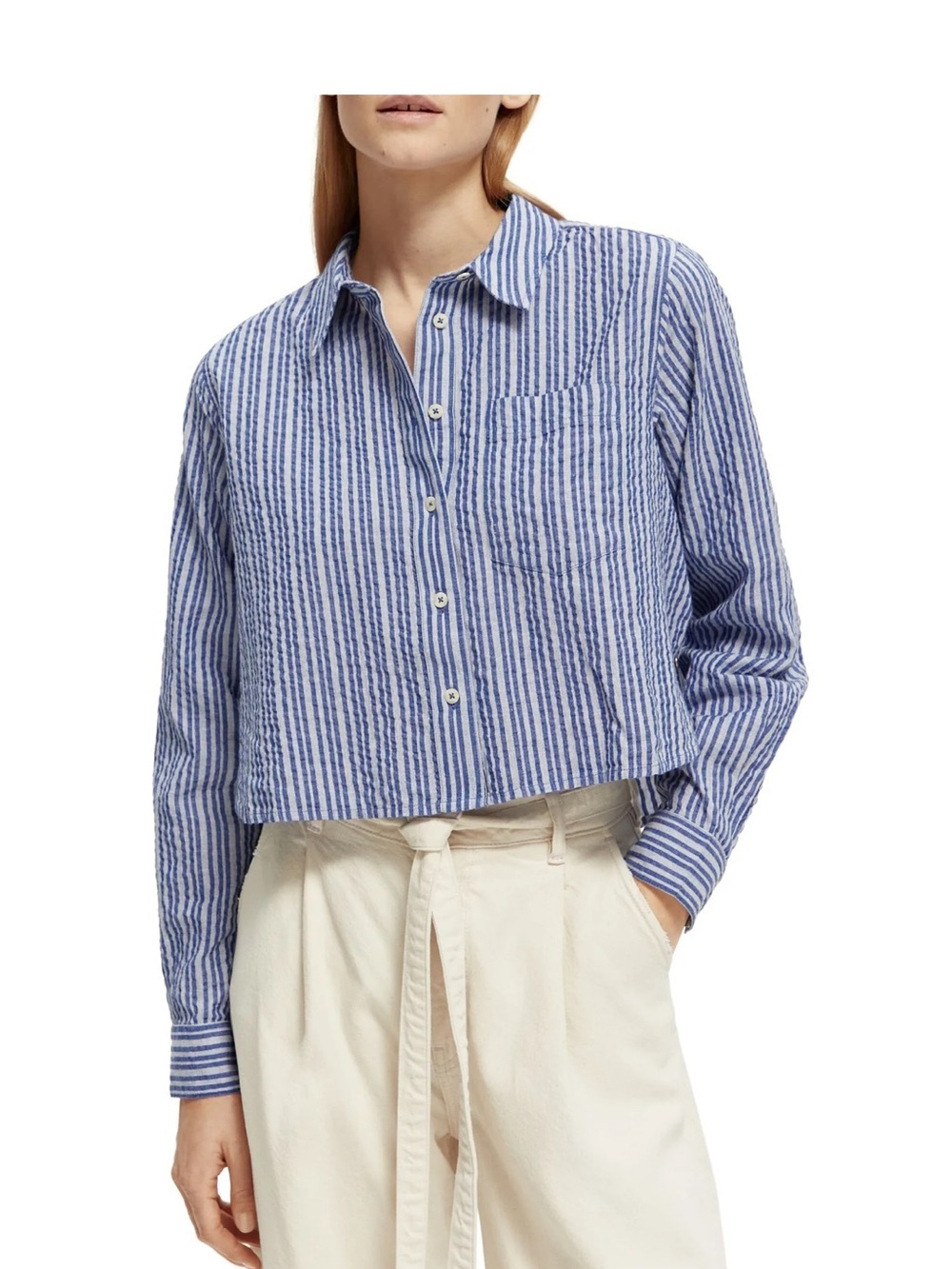SCOTCH & SODA blue and white Stripe Crop Oversize Seersucker Button-Up Shirt